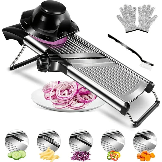Stainless Steel Mandoline Slicer with 5 Interchangeable Blades and Safety Holder,Adjustable Vegetable & Fruit Cutter for Kitchen【free shipping】