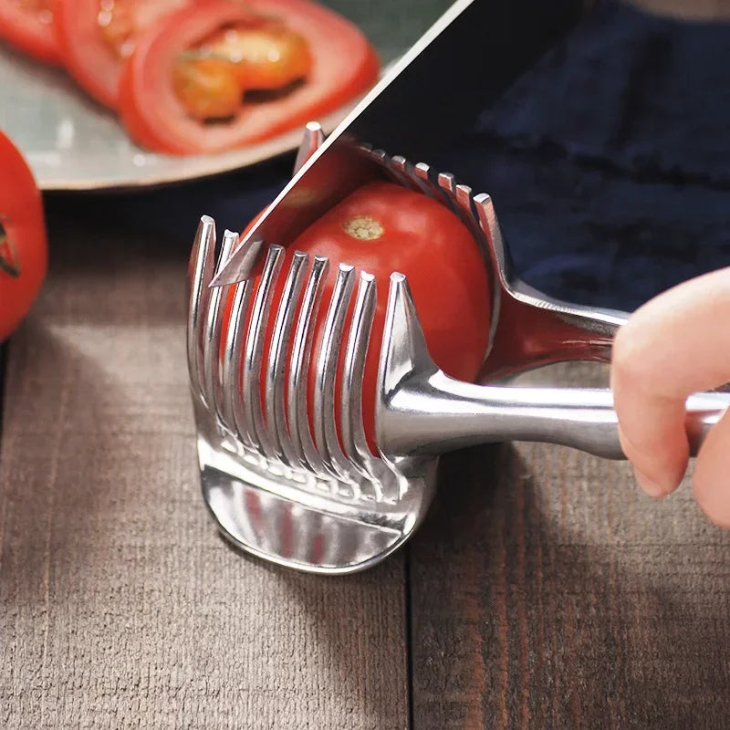Kitchen Gadgets Handy Stainless Steel Onion Holder Potato Tomato Slicer Vegetable Fruit Cutter Safety Cooking Tools Accessories【free shipping】