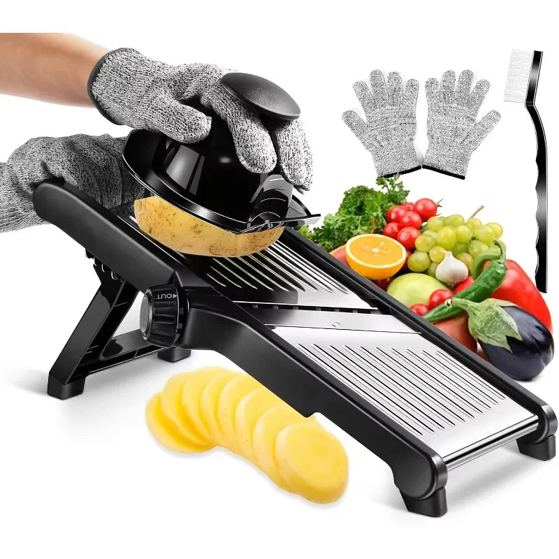 Stainless Steel Mandoline Slicer with 5 Interchangeable Blades and Safety Holder,Adjustable Vegetable & Fruit Cutter for Kitchen【free shipping】