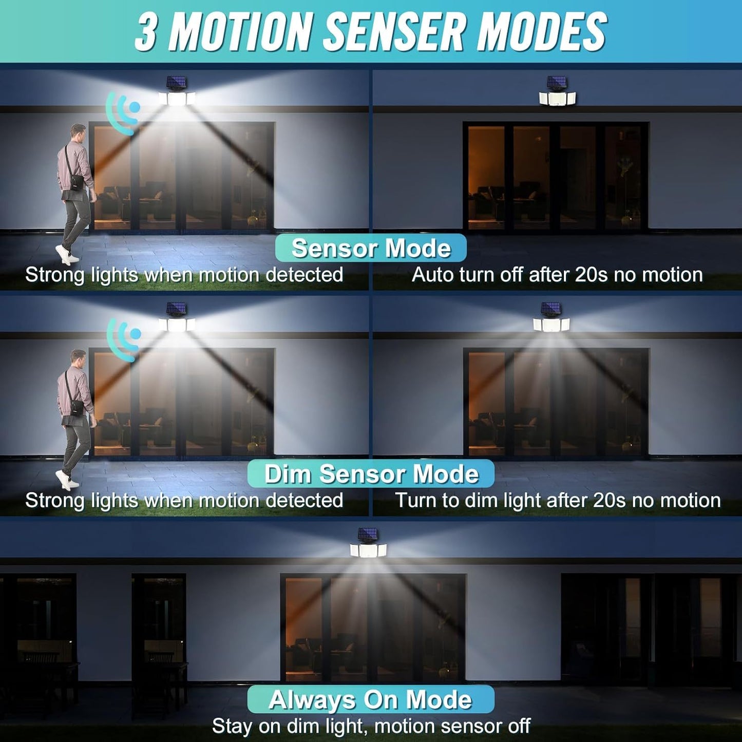 1,2 Pack Solar Lights Outdoor 348 LED Motion Sensor Lights With Remote Control  3 Head Waterproof